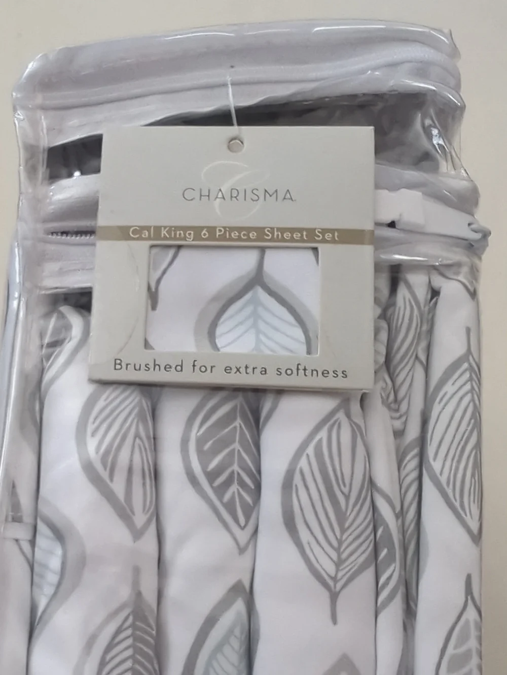 Charisma Microfiber Cal King 6- Piece Sheet Set Leaves Grey